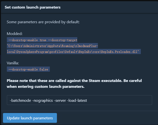 Set launch parameters